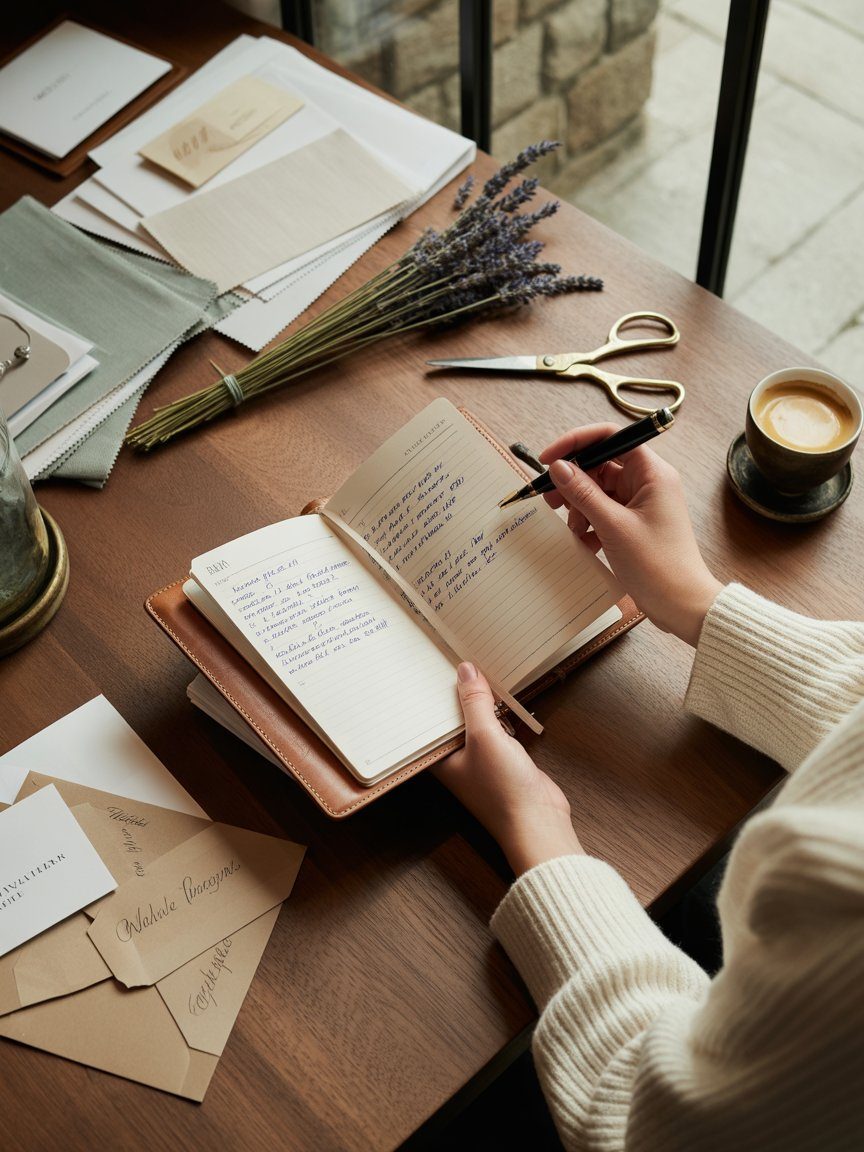 Mani di una wedding planner che scrive in un'agenda di pelle, sul tavolo lavanda essiccata, forbici dorate, swatch di tessuti e una tazza di caffè