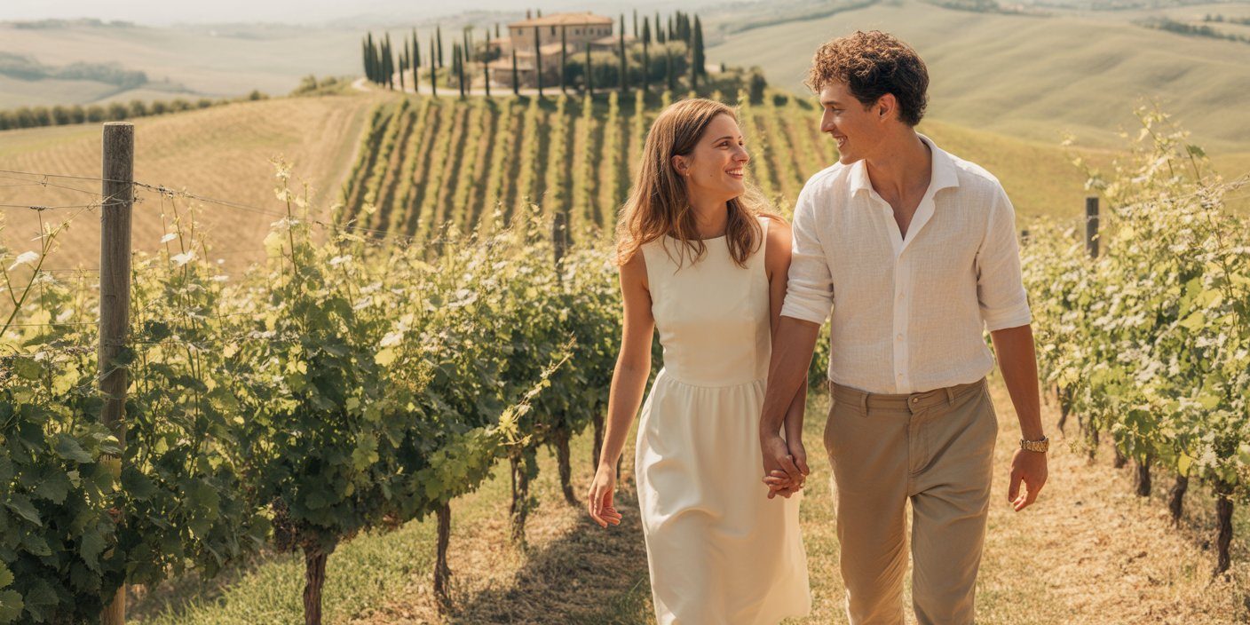 Coppia di sposi italiana che cammina tra le vigne in Toscana al tramonto, sullo sfondo una villa toscana e cipressi
