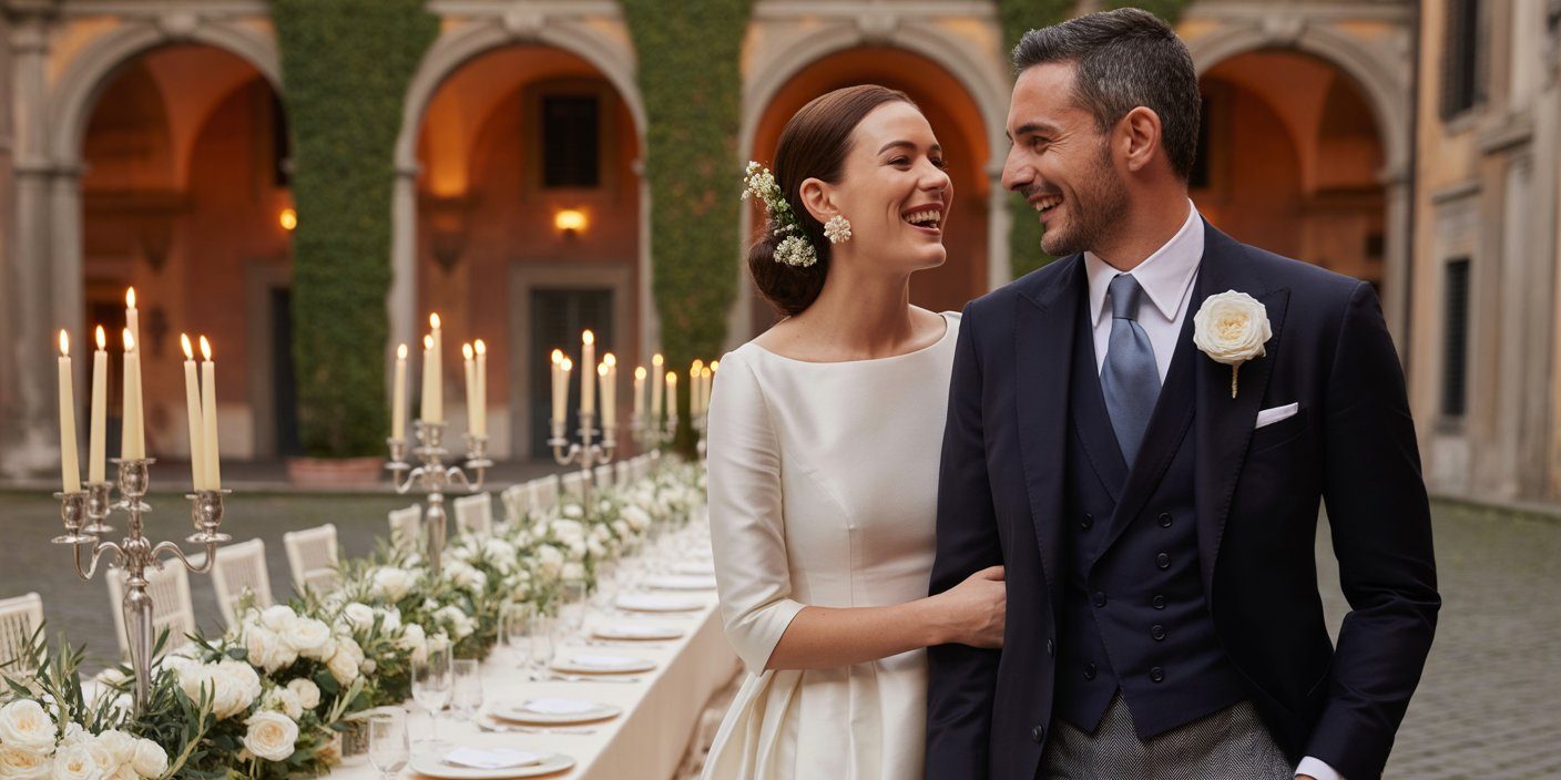 Sposi italiani che si guardano sorridendo durante un ricevimento in un palazzo storico romano, tavolo apparecchiato con candelabri d'argento e rose bianche