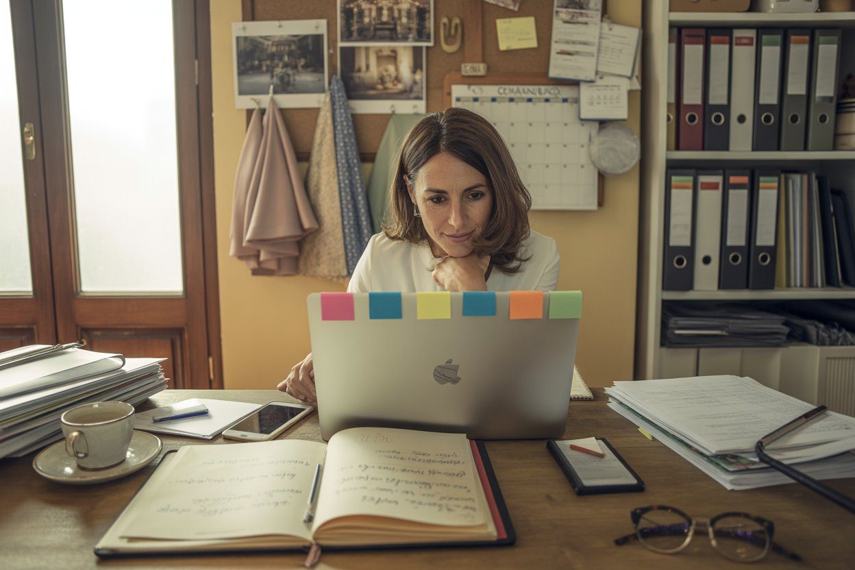 Wedding planner italiana al lavoro nel suo studio, concentrata sul laptop con post-it colorati, agenda aperta, documenti e tazza di caffè sulla scrivania