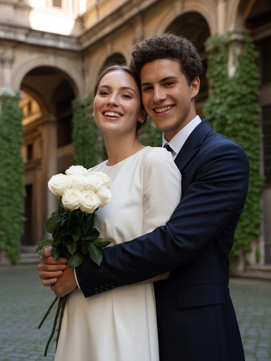 Sposi italiani sorridenti che si abbracciano nel cortile di un palazzo storico, la sposa con un bouquet di rose bianche
